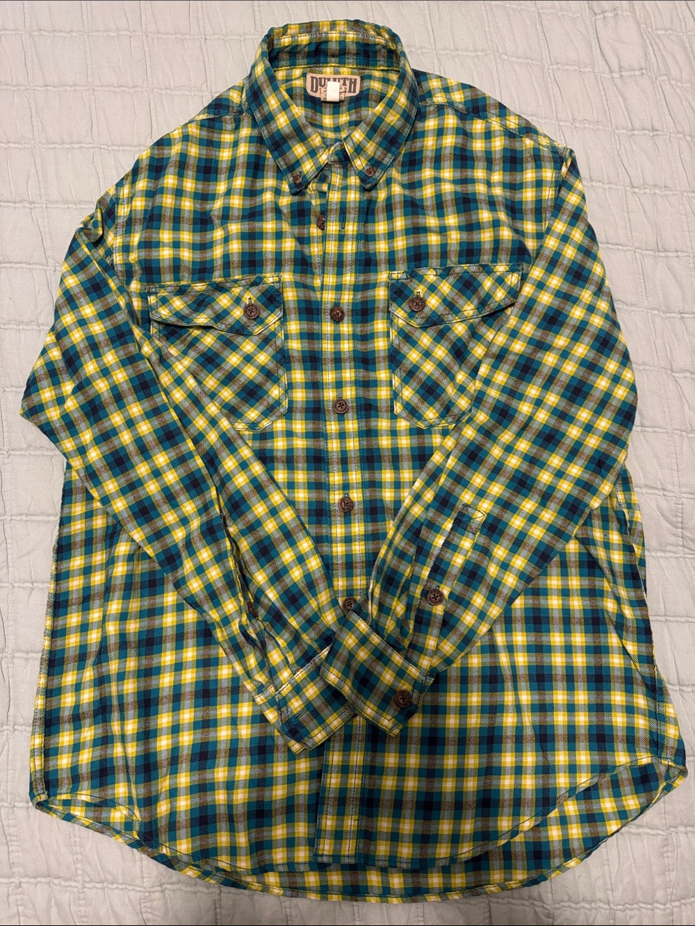 Duluth Trading Co Teal and Yellow Plaid Button-Down Shirt